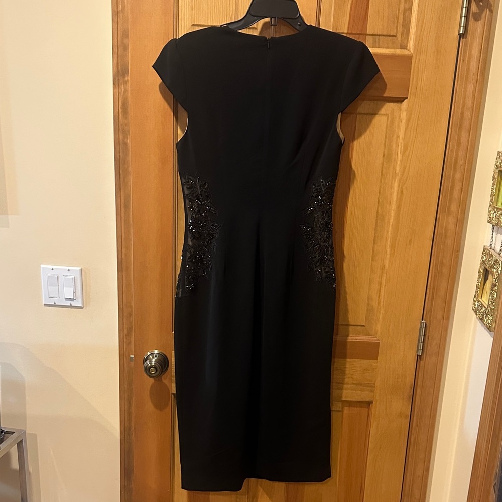 Badgley Mischka Black Midi Dress Beaded Lace Side Panels Sheath size 10 NWT - Picture 4 of 9